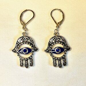 Hamsa Hand Earrings * Vintage * Pierced * 2" Hang * Quality Costume Jewelry